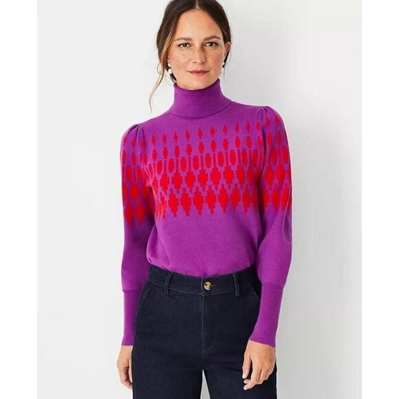 Ann Taylor Fair Isle Turtleneck Sweater Womens Large Purple Red Balloon Sleeve - Picture 1 of 13